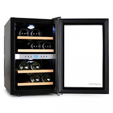 Klarstein Weinkühlschrank klein 2 Zonen Getränkekühlschrank mit Glastür für 12 Flaschen Wein (34 Liter, LED Bedienoberfläche, EEK B, 2 Kühlzonen, Edelstahl) schwarz-silber - 