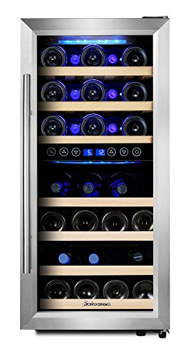 Kalamera KRC-33BSS Design Weinkühlschrank für bis zu 33 Flaschen (bis zu 310 mm Höhe), Zweizonen Weintemperierschrank mit Kompressor,5-10°C/10-18°C,(100 Liter, LED Bedienoberfläche, Edelstahl Glastür) -