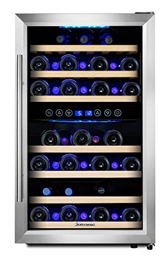 KRC-45BSS Kompressor Weinkühlschrank, 120 Liter, 45 Flaschen (bis zu 310 mm Höhe), 2 Zonen 5-10°C/10-18°C, 7 Holz-Einschübe, LED-Display, Edelstahl Glastür - 2