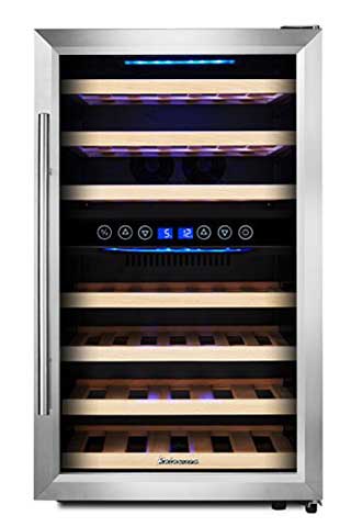 KRC-45BSS Kompressor Weinkühlschrank, 120 Liter, 45 Flaschen (bis zu 310 mm Höhe), 2 Zonen 5-10°C/10-18°C, 7 Holz-Einschübe, LED-Display, Edelstahl Glastür - 1